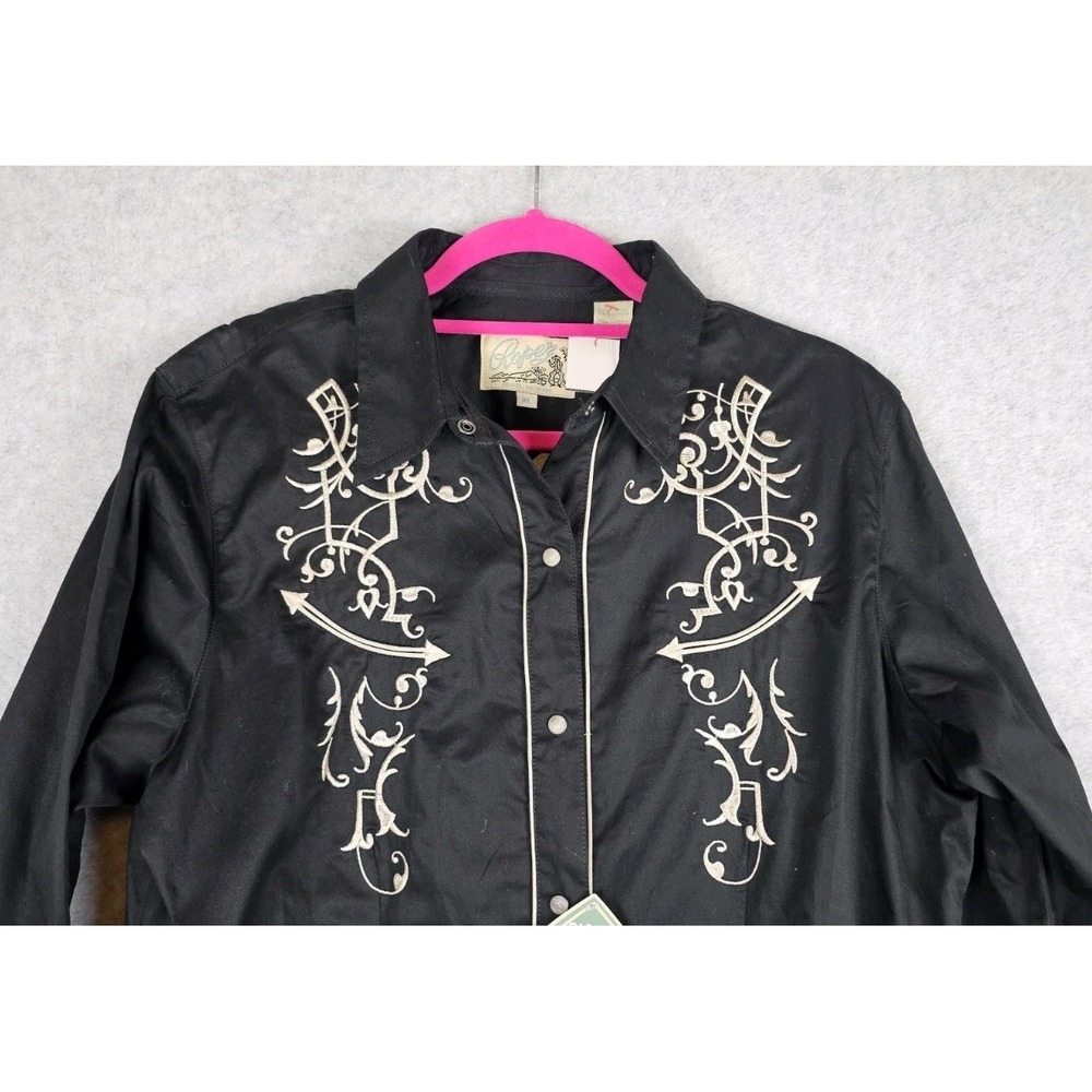 Roper VTG Western Women's XL Black Shirt Beige Embroidered Pearl Snap Cowgirl - Picture 3 of 16